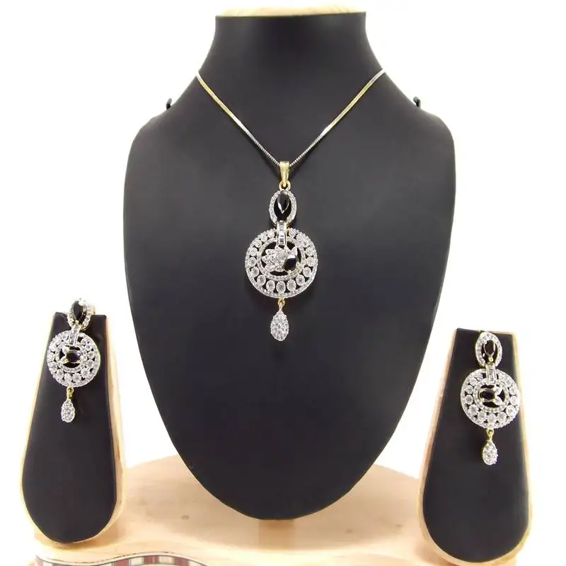 Gold plated cubic zirconia necklace setsblack pendant necklace with earrings set
