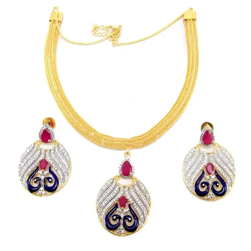 Gold plated cubic zircon necklace setblue pink necklace with earrings set