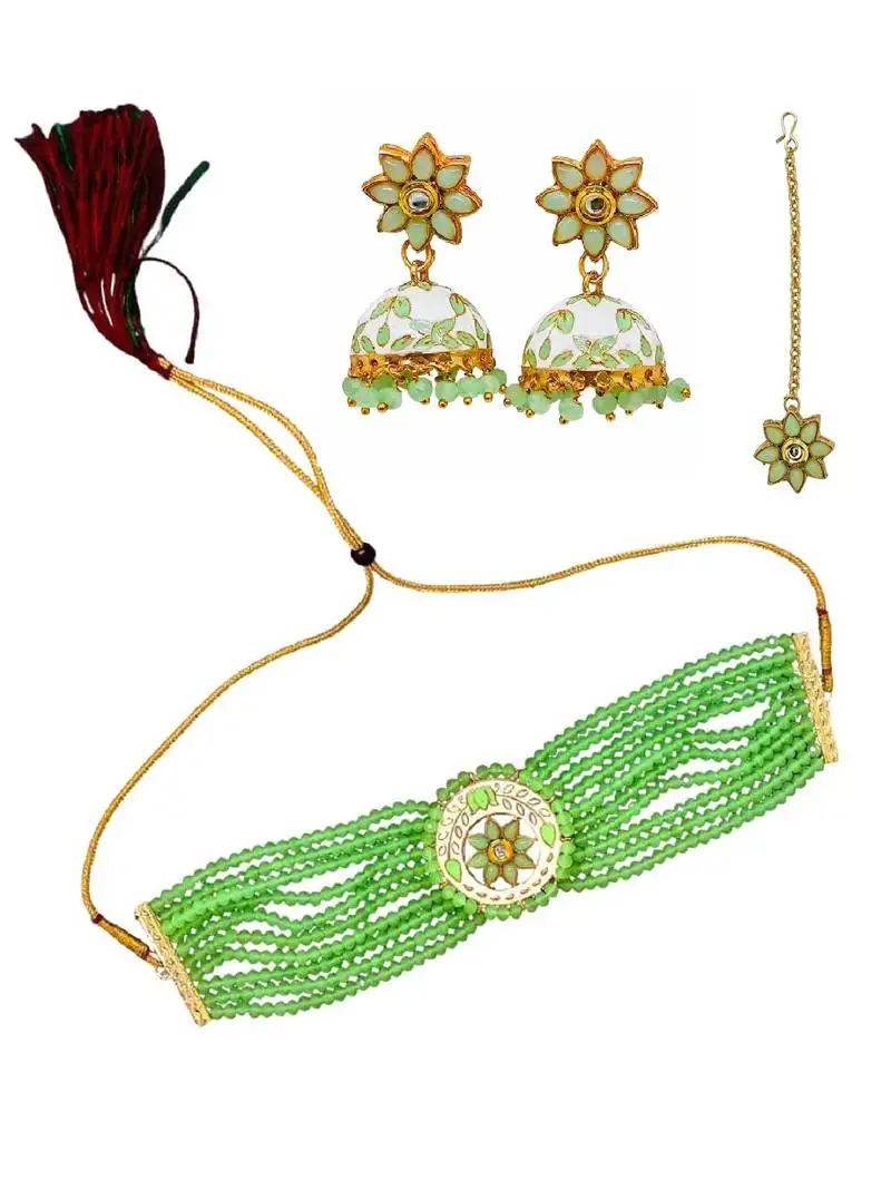 Gold plated green meenakari jewellery set