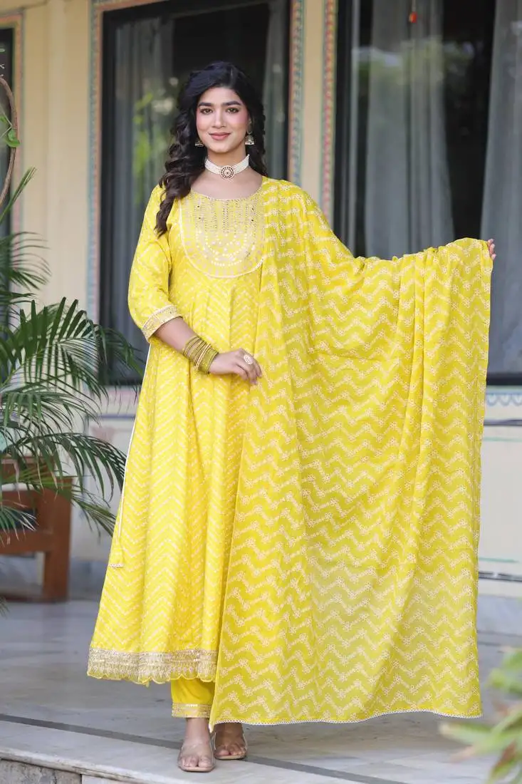 Yellow women embroidered printed anarkali kurta pant with dupatta set