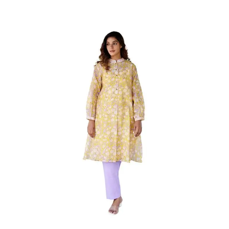 Yellow side slits straight floral print chanderi silk blend tunic kurta