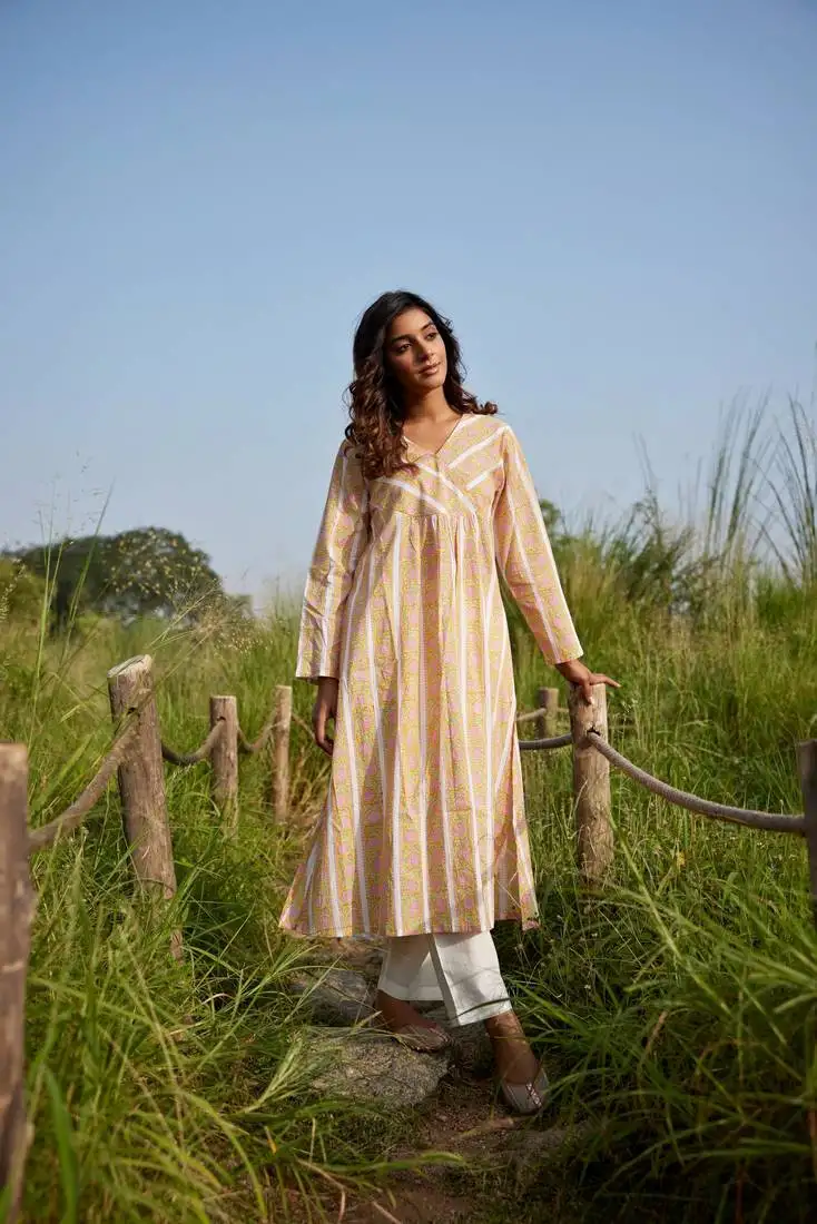 Yellow side slits straight floral print pure cotton tunic kurta