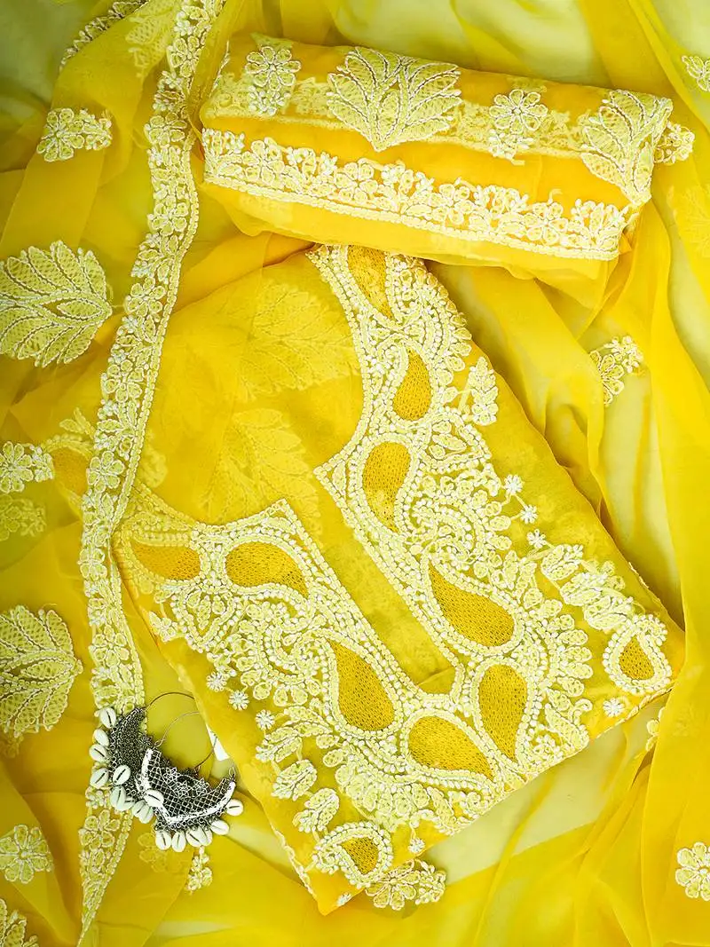 Hand embroidered yellow georgette lucknowi chikankari unstitched suit piece