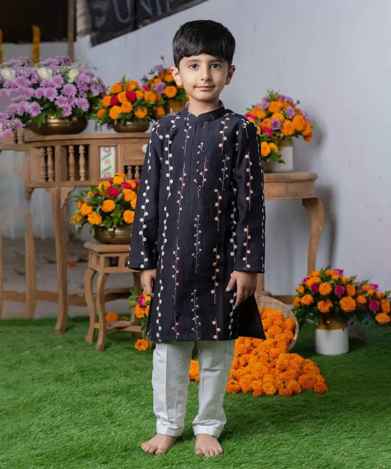 Black embroidered silk kurta with multicolored floral detailing and white pants