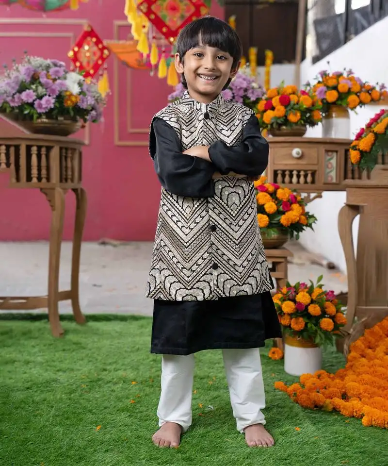 Black silk kurta with embroidered nehru jacket and white pants