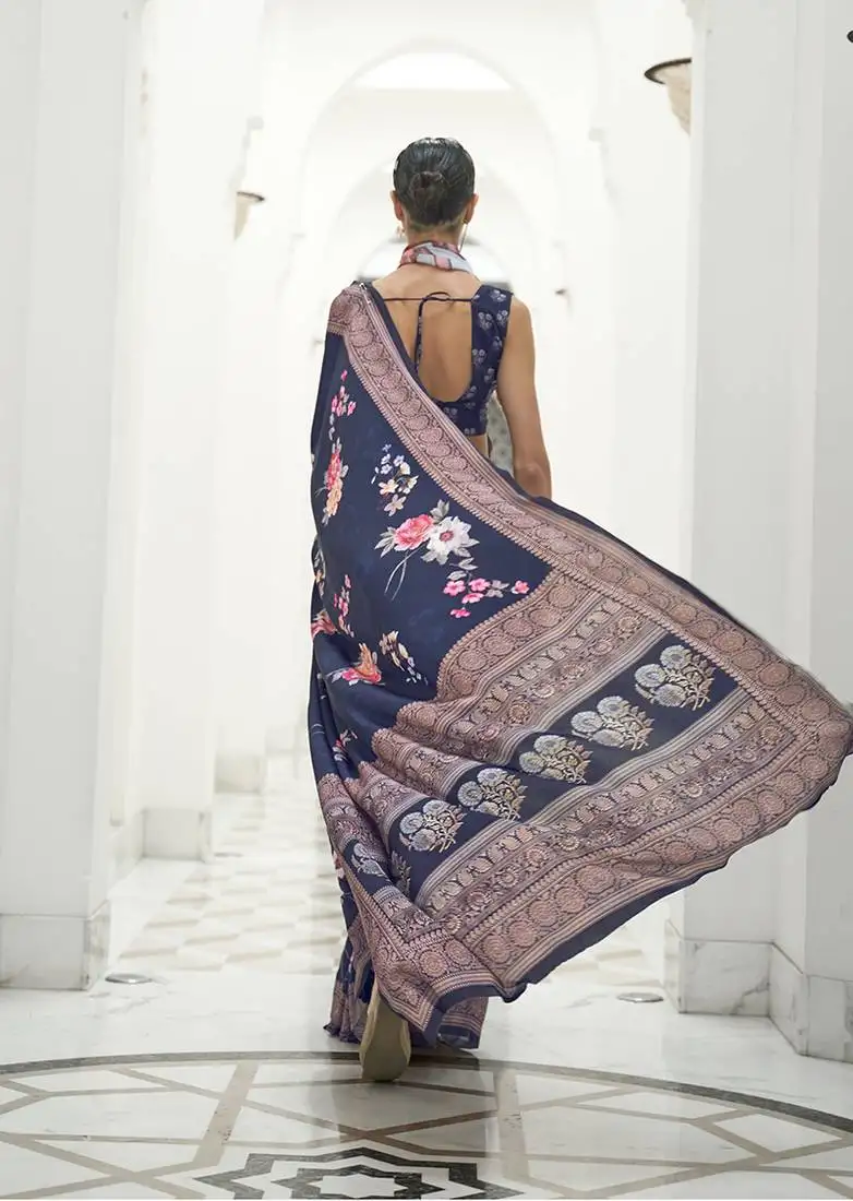 Navy blue colour classic digital printed crepe silk blend saree