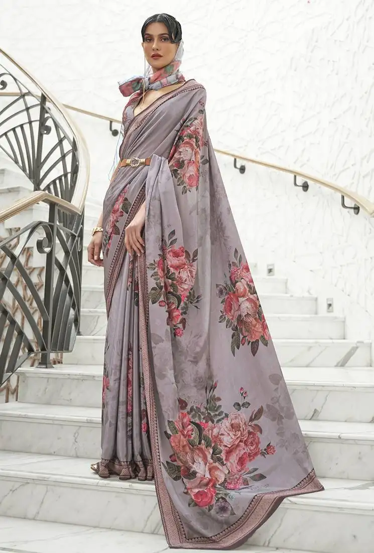 Grey colour classic digital printed crepe silk blend saree