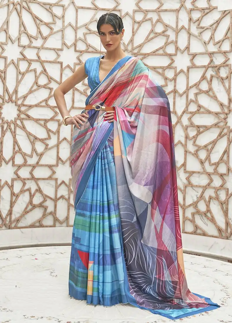 Blue colour classic digital printed crepe silk blend saree