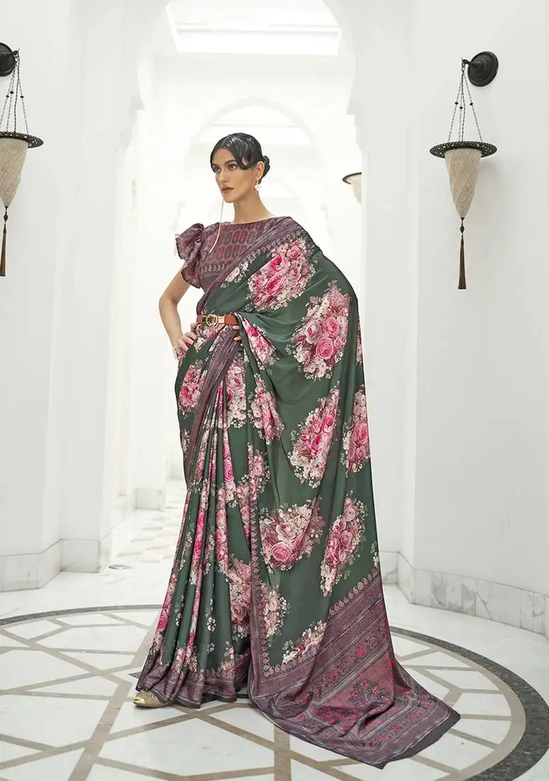 Dark green colour classic digital printed crepe silk blend saree