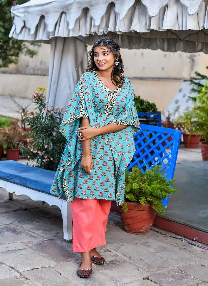 Teal printed kaftan & peach pant sets