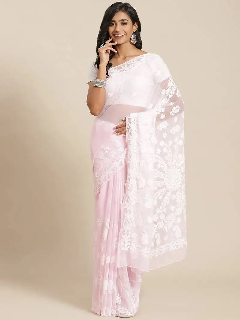 Hand embroidered light pink georgette lucknowi chikankari saree with blouse
