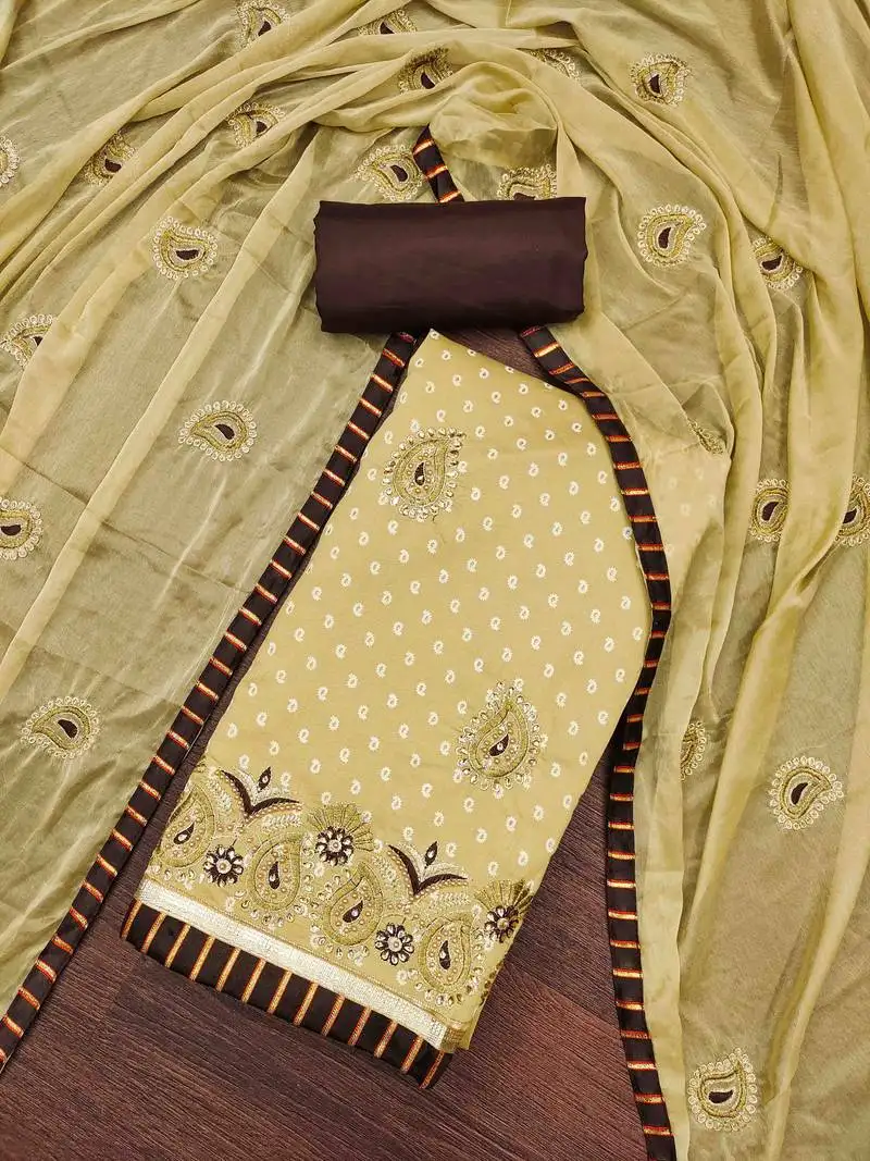 Yellow roman cotton silk blend embroidered unstitched dress material