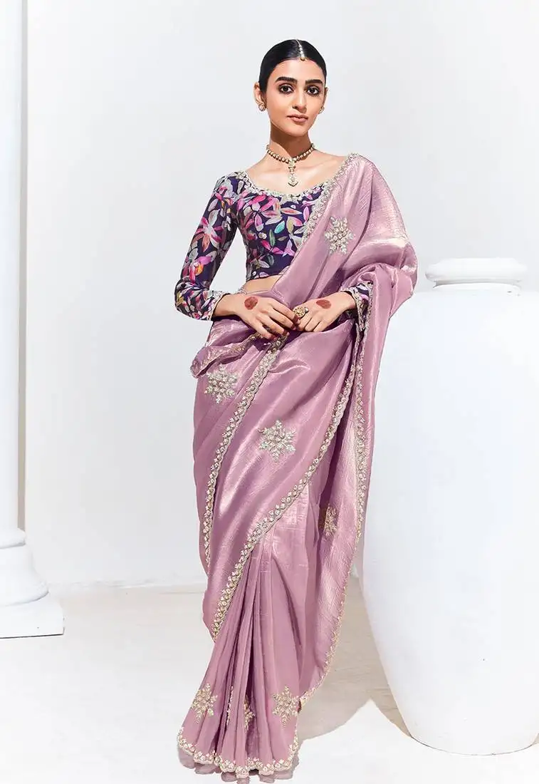 Onion pink embroidered sequence work saree for festival