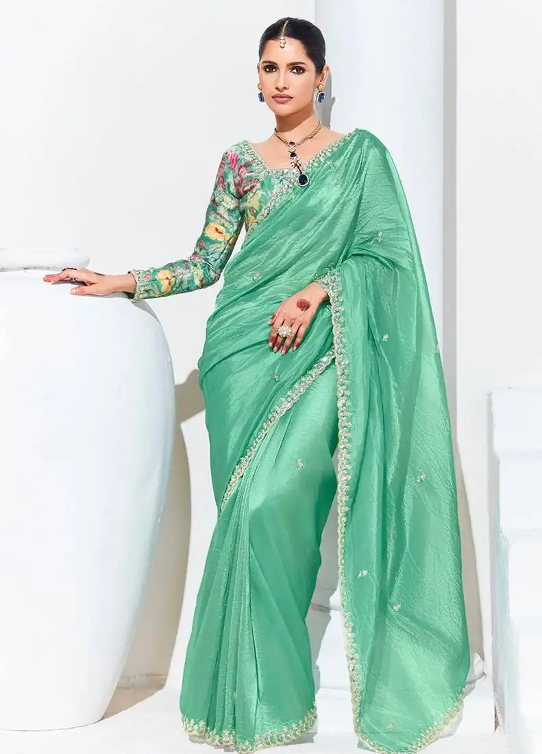 Light cyan embroidered sequence work saree for festival