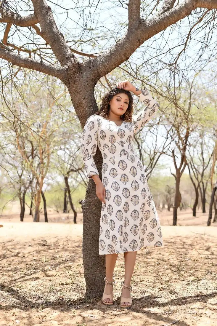 White & grey midi ethnic dress