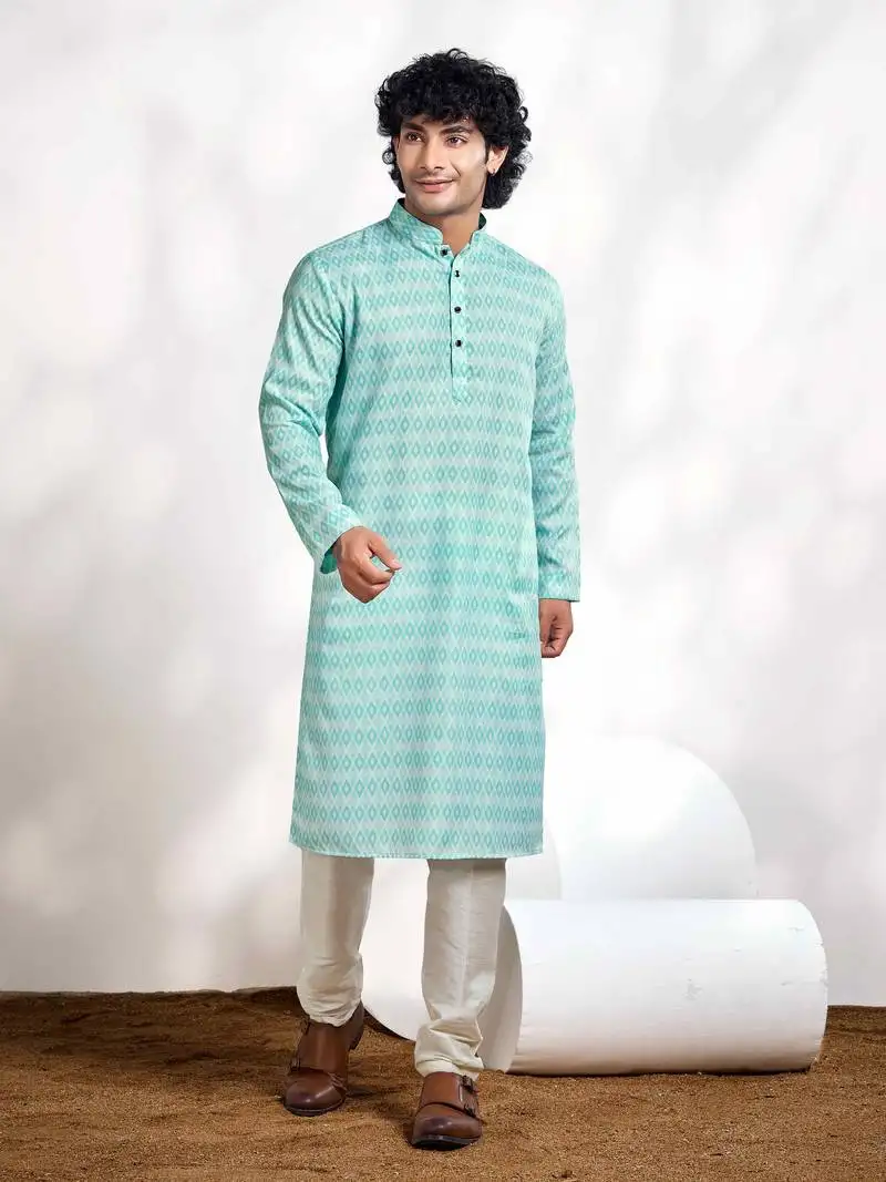 Vardha men's cotton digital print stitched kurta tropical blue diamond pattern long kurtas for men, mandarin collar