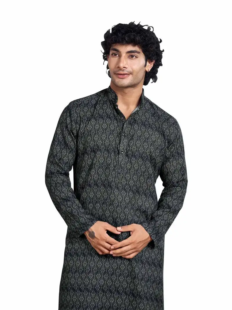 Vardha men's digital printed cotton kurta, coal black ogee pattern regular fit kurtas for men, mandarin collar