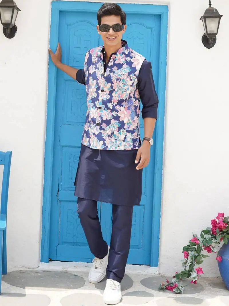Azure blue men's printed jacket- meerut collection