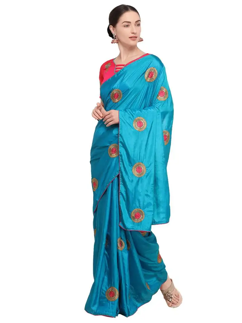 Sky blue embroidered art silk saree with blouse