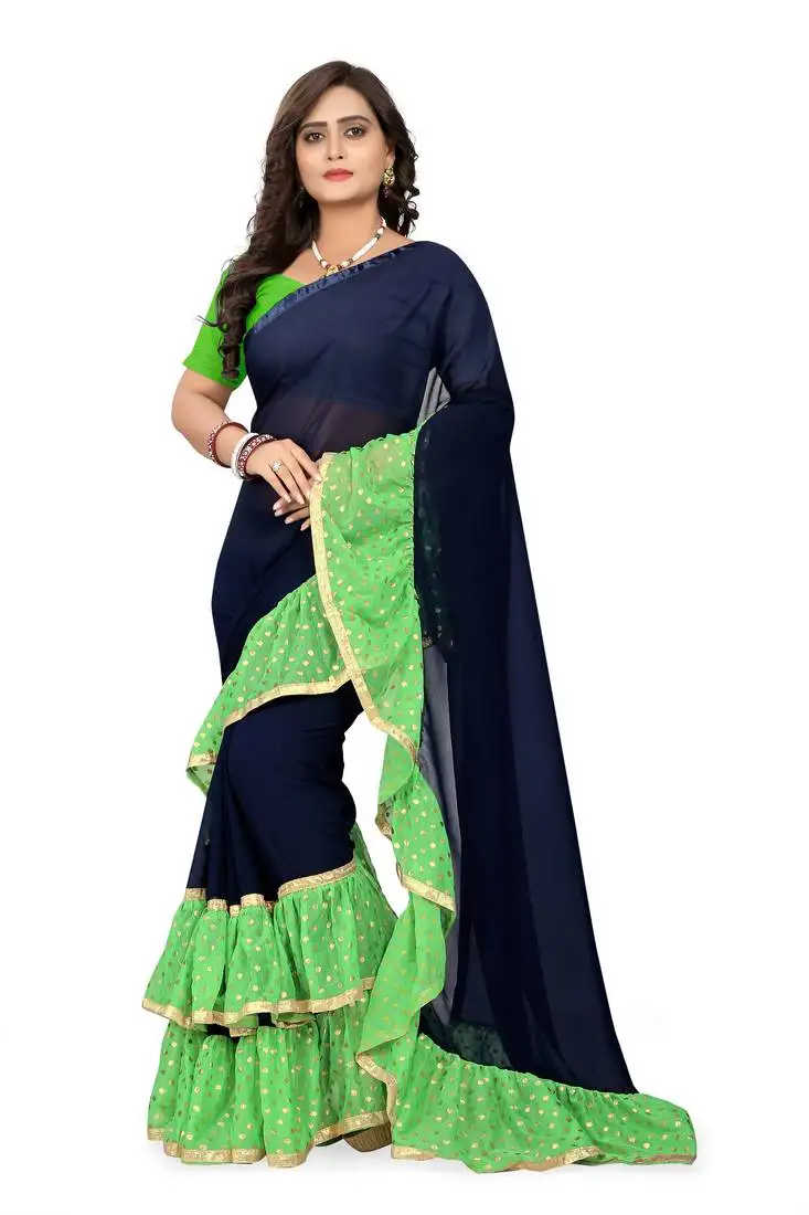 Green plain georgette ruffle saree with blouse