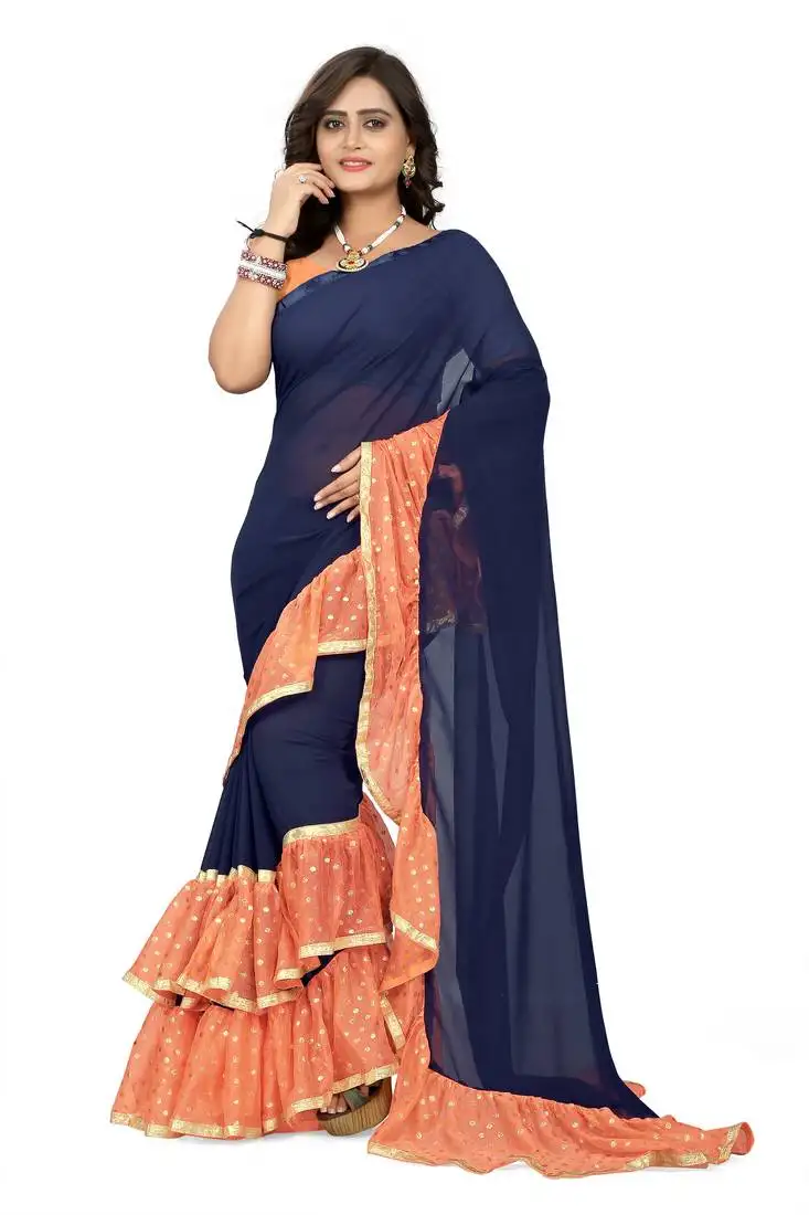 Orange plain georgette ruffle saree with blouse