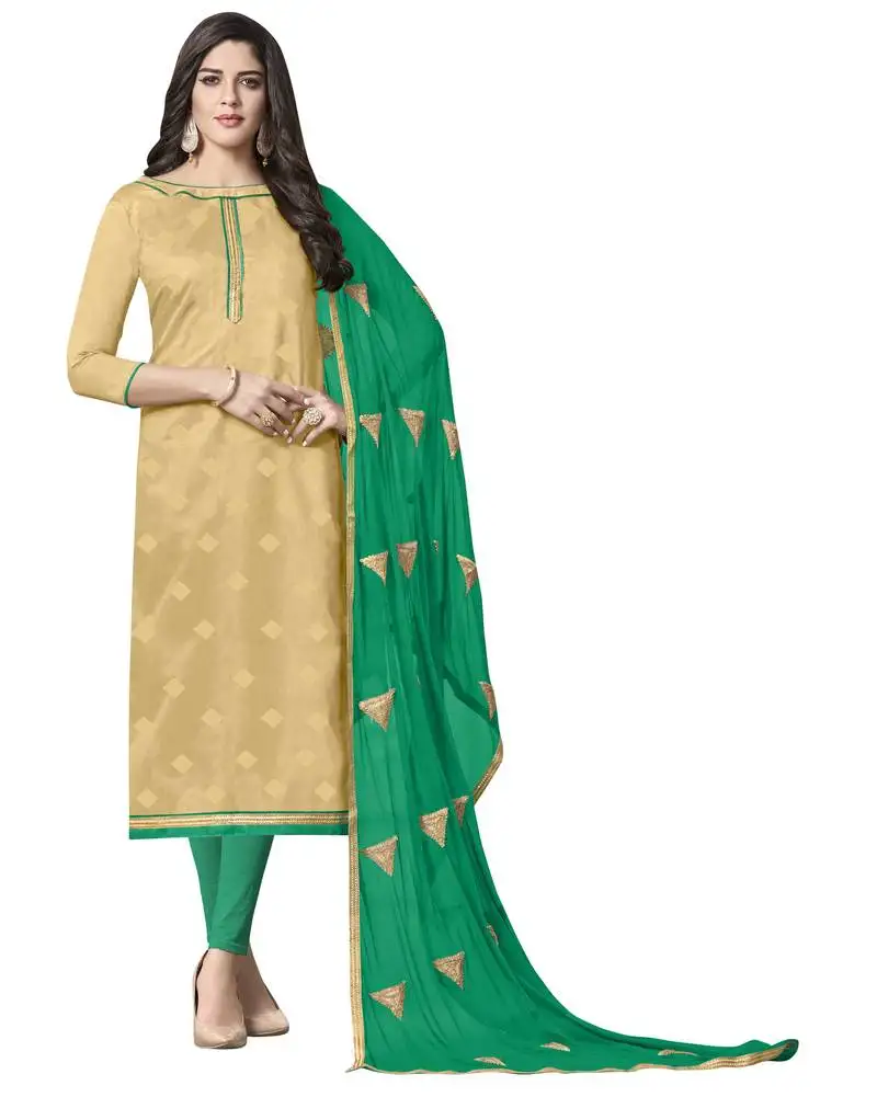 Beige jacquard salwar with dupatta semi stitched