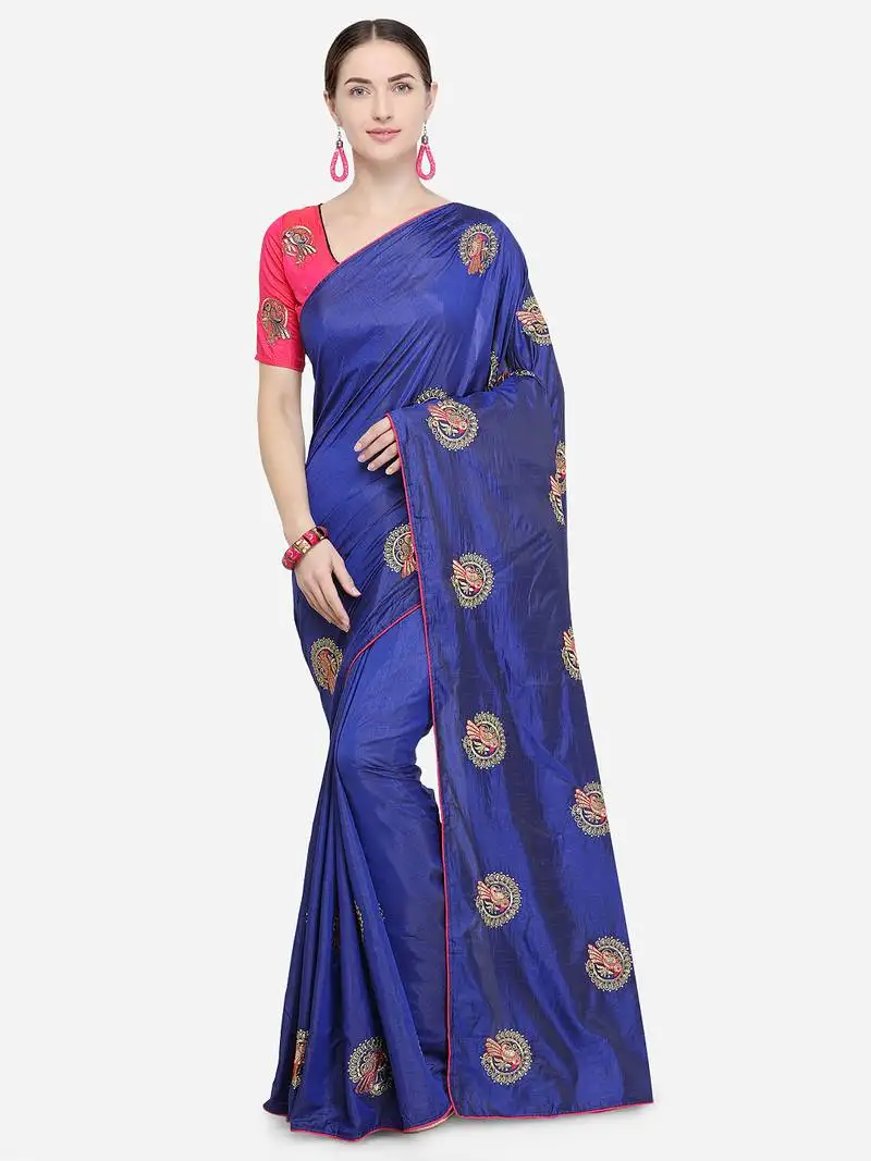 Navy blue embroidered art silk saree with blouse