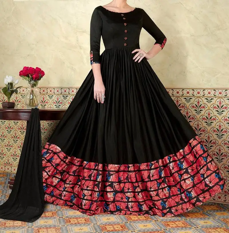 Black embroidered satin salwar with dupatta semi stitched