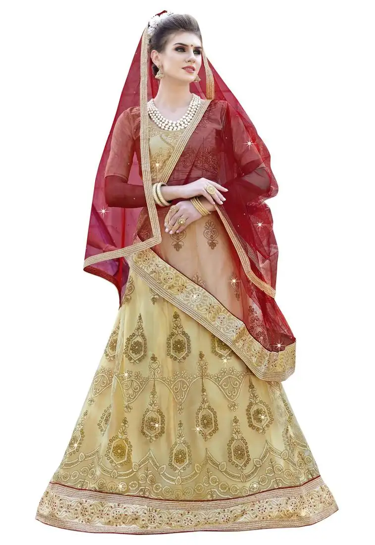 Beige embroidered net semi stitched lehenga with duaptta