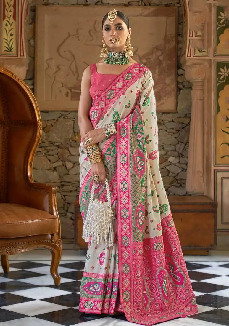 Banarasi silk blend white weaving saree