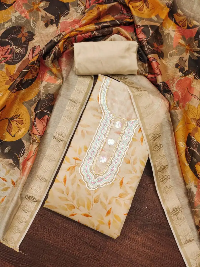 Beige cotton digital printed unstitched dress material