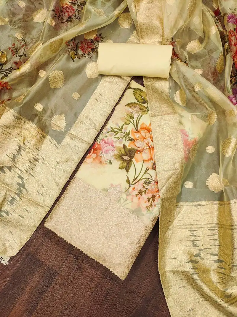 Yellow viscose organza unstitched dress material