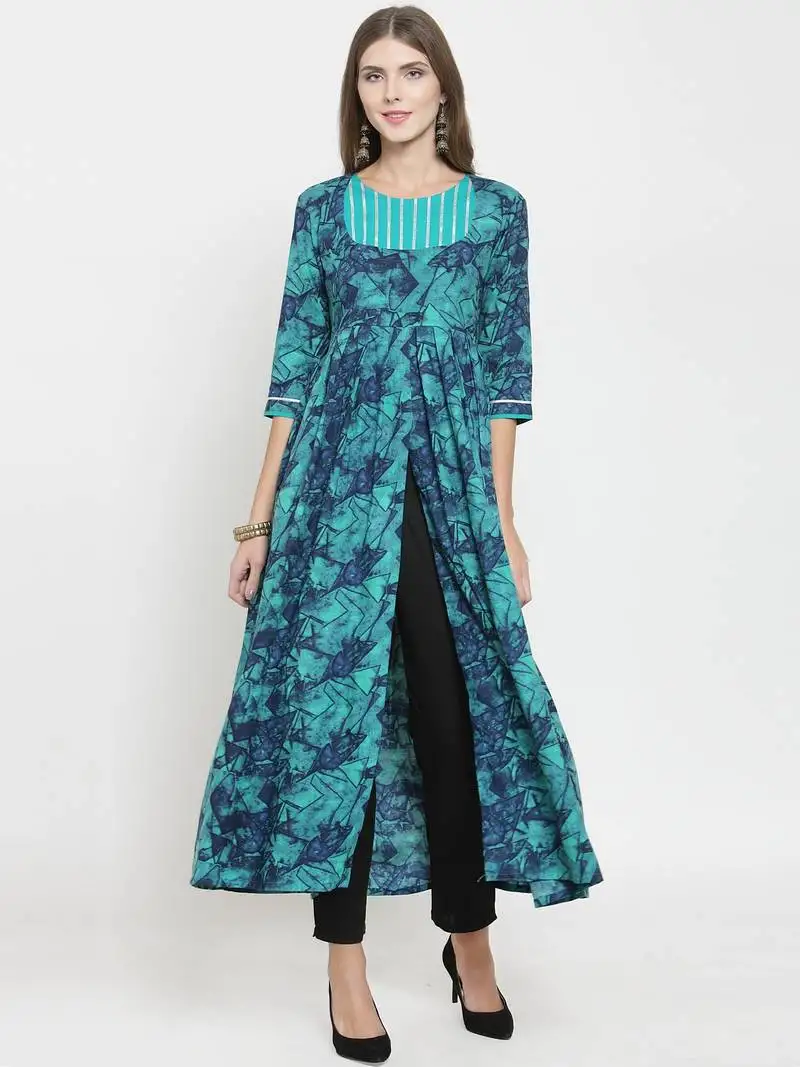 Indibelle turquoise woven rayon kurti with trouser