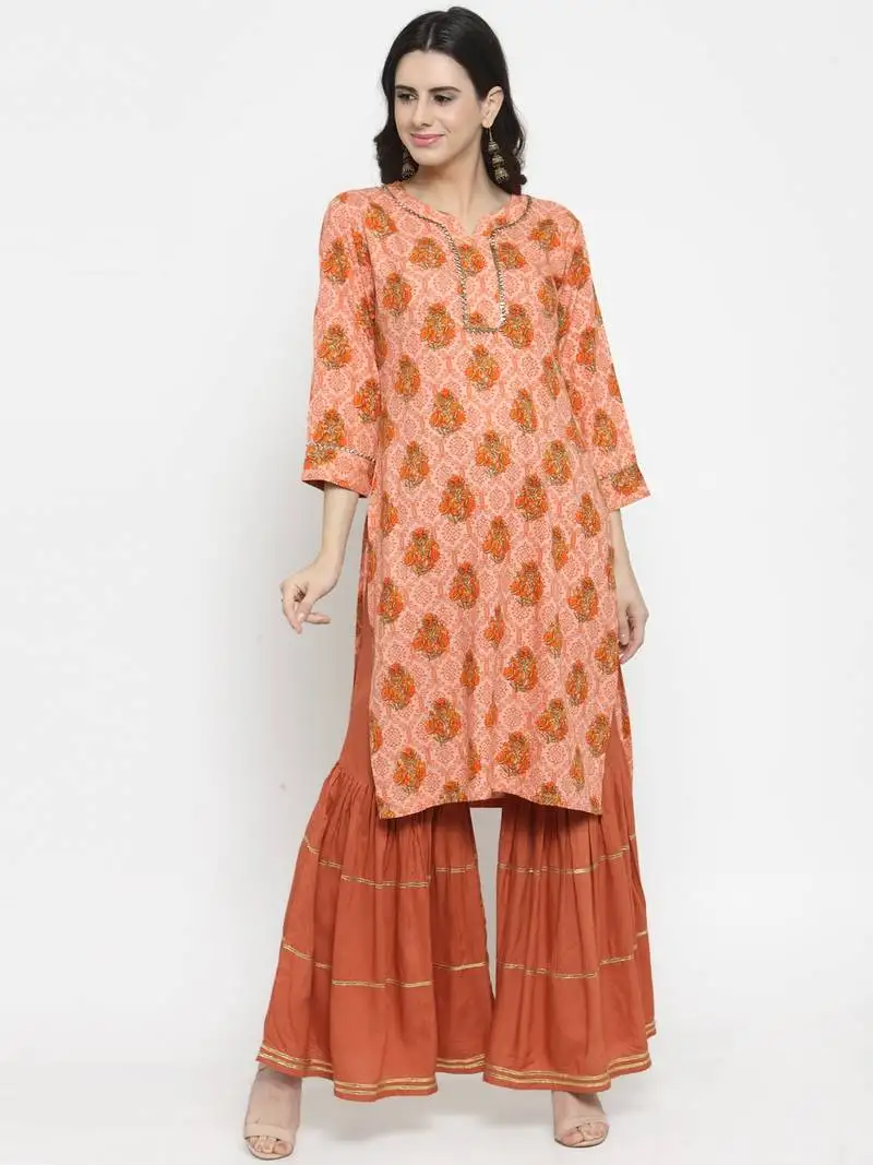 Indibelle peach woven rayon kurti with sharara