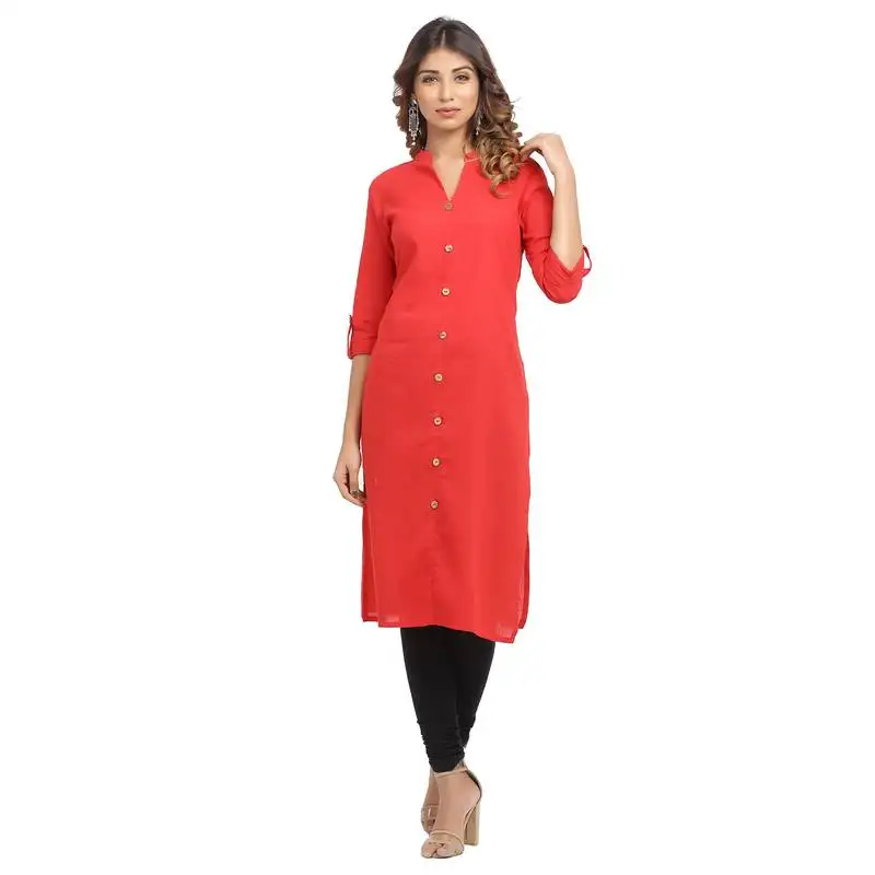 Red plain cotton cotton-kurtis