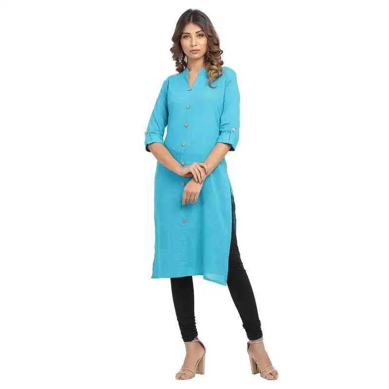 Turquoise plain cotton cotton-kurtis