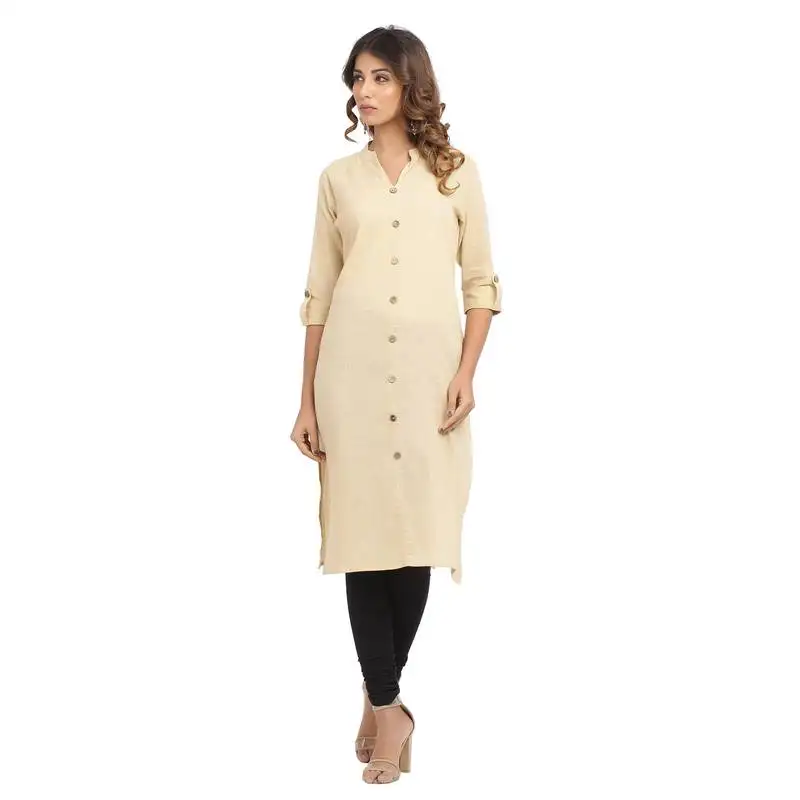 Cream plain cotton cotton-kurtis