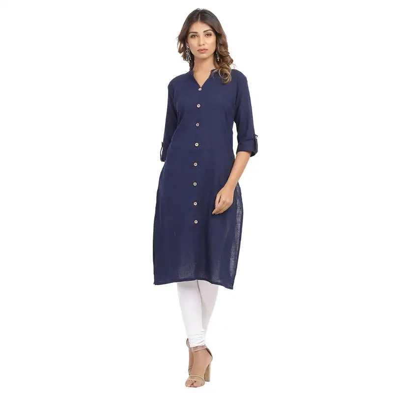 Navy-blue plain cotton cotton-kurtis