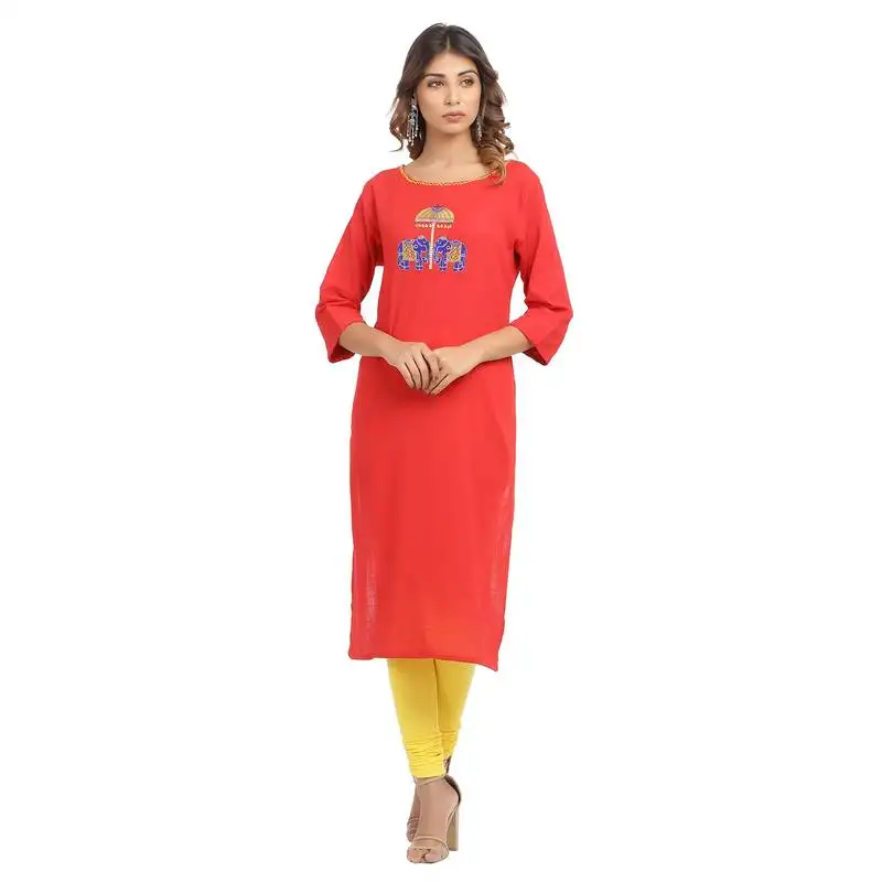 Red embroidered cotton embroidered-kurtis
