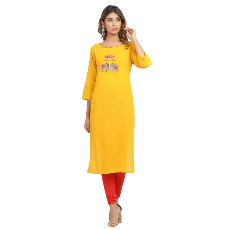 Yellow embroidered cotton embroidered-kurtis