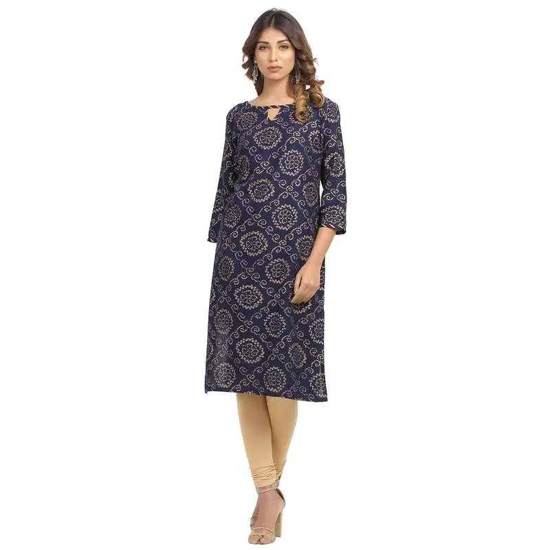 Navy-blue printed cotton cotton-kurtis