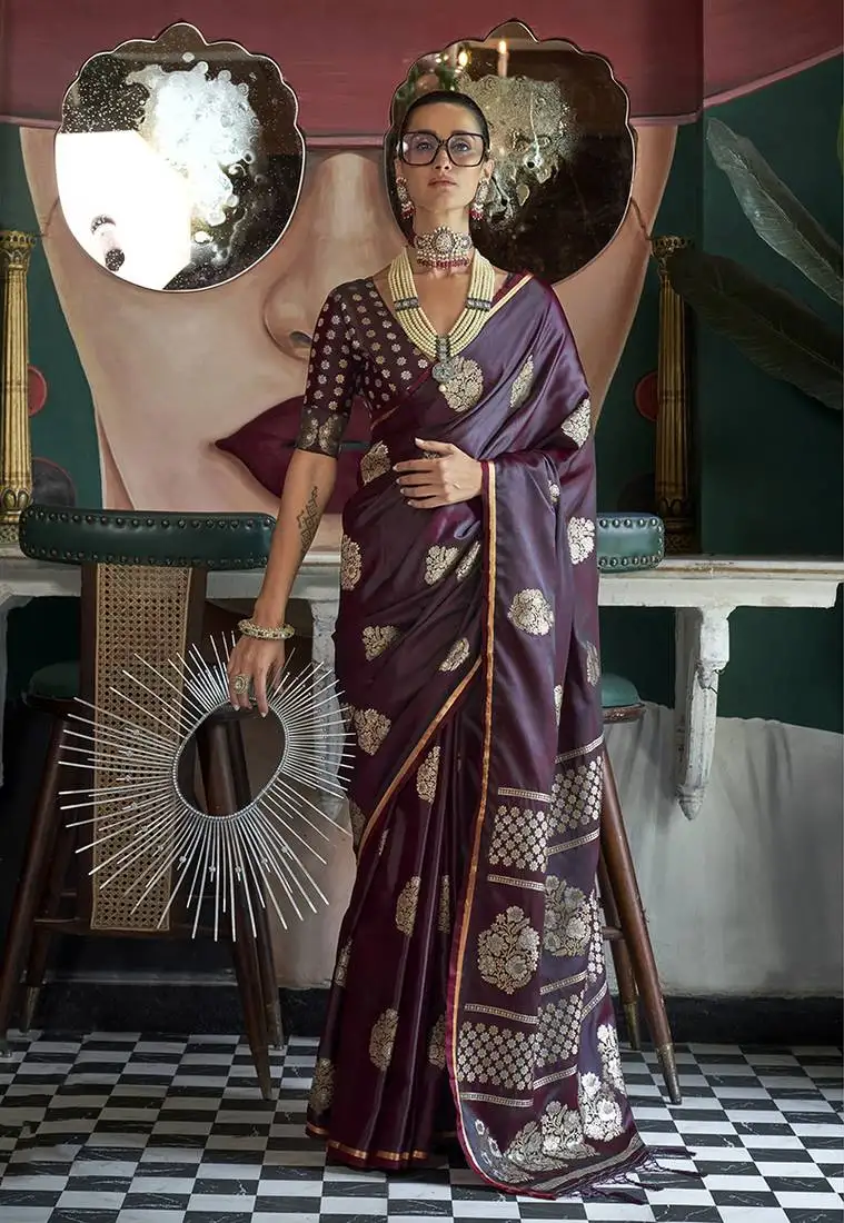 Wine weaving zari pure satin silk designer saree
