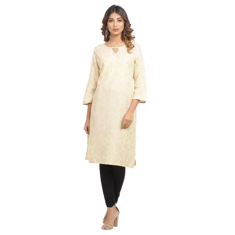 Beige printed cotton cotton-kurtis