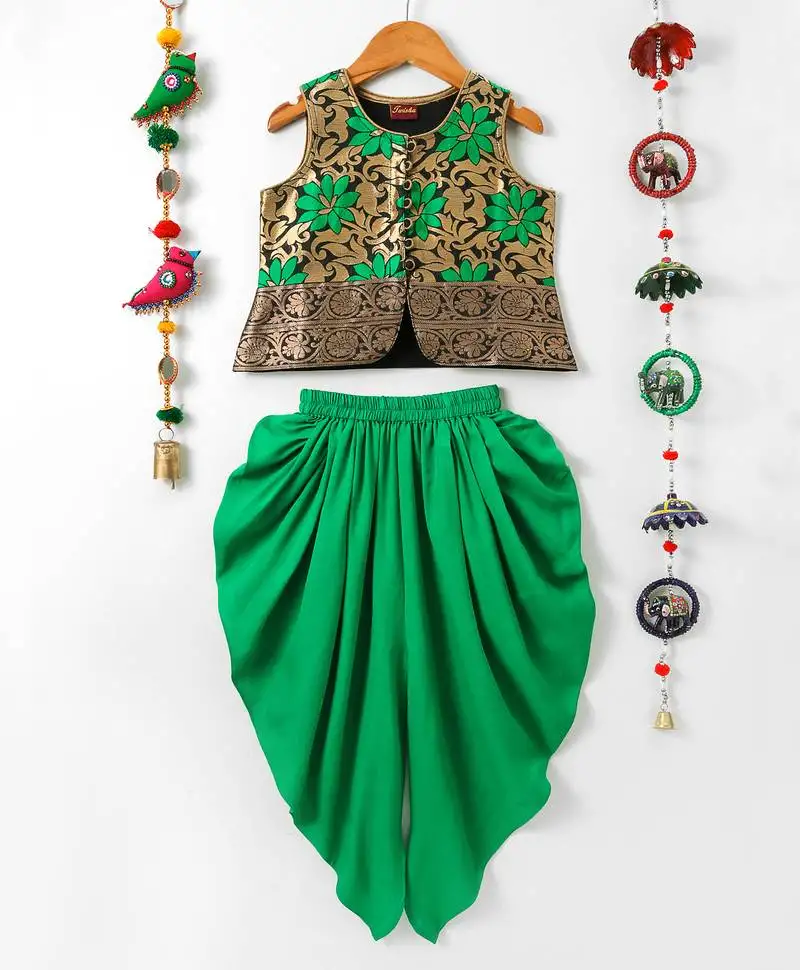 Green printed polyester top with dhoti for girls