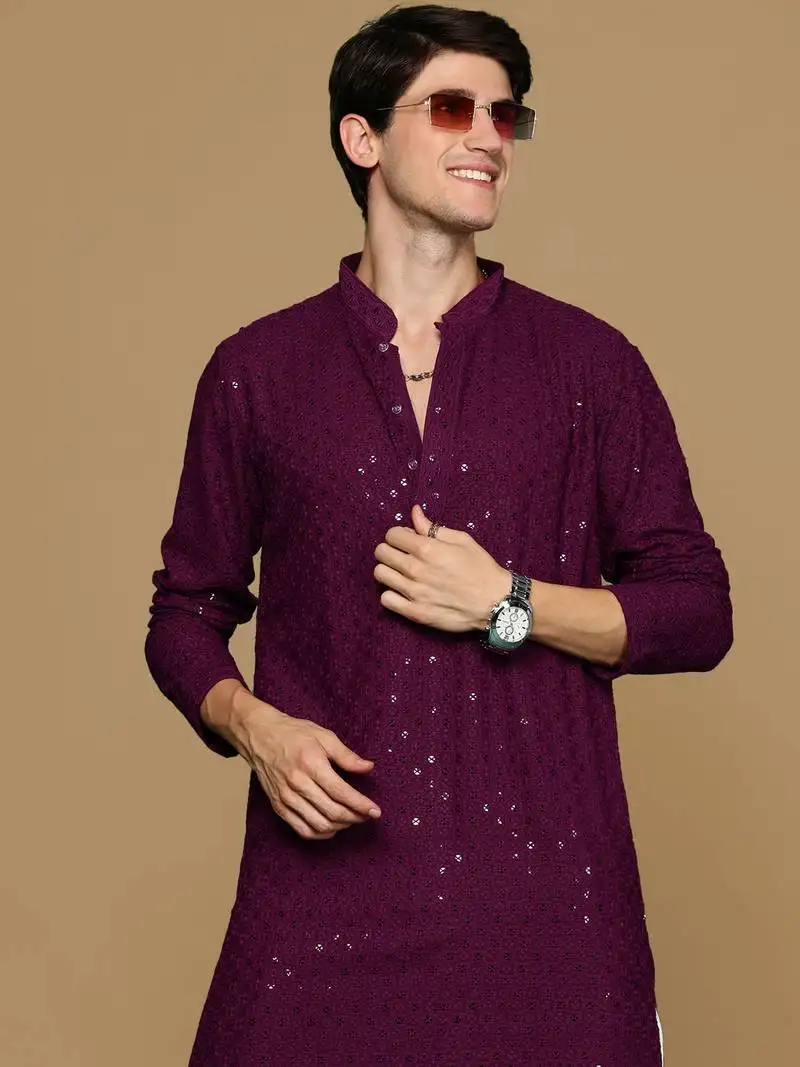 Sanwara purple shimmering elegance men's chikankari kurta with sequins