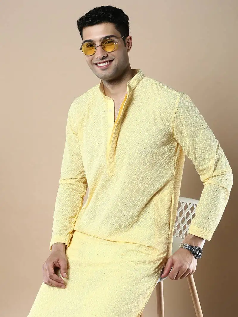 Sanwara fashions light yellow cotton chikankari kurta set for men