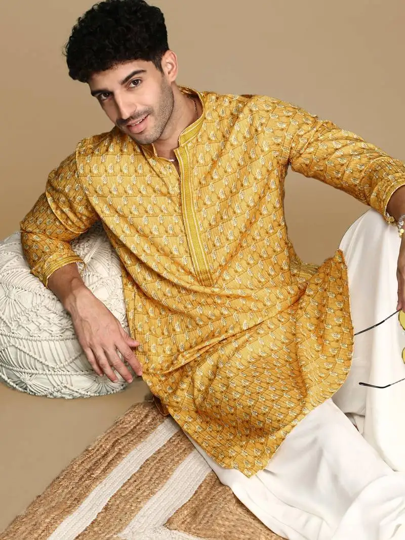 Unleash your style with men's mustard jaquard designer kurta by sanwara