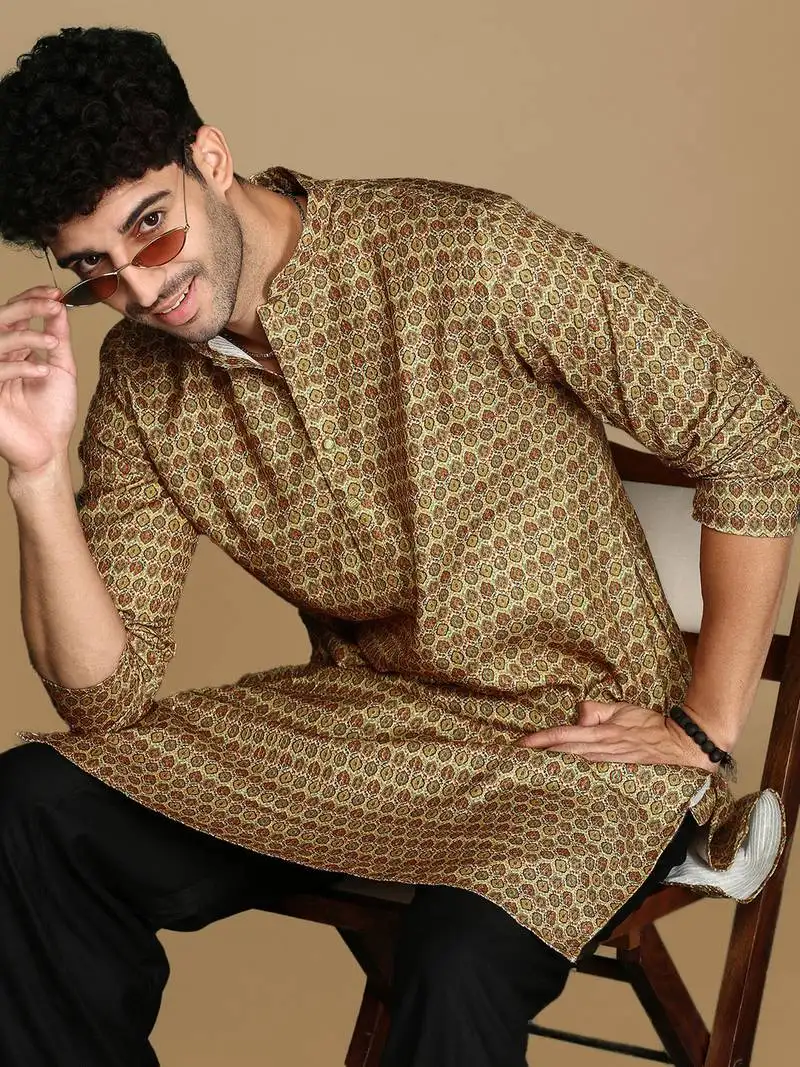 Dapper & dazzling men's printed brown sequins touch up party wear cotton kurta by sanwara