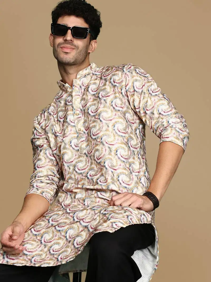 Dapper & dazzling men's printed mustard golden zari touch up trendy wear cotton kurta by sanwara