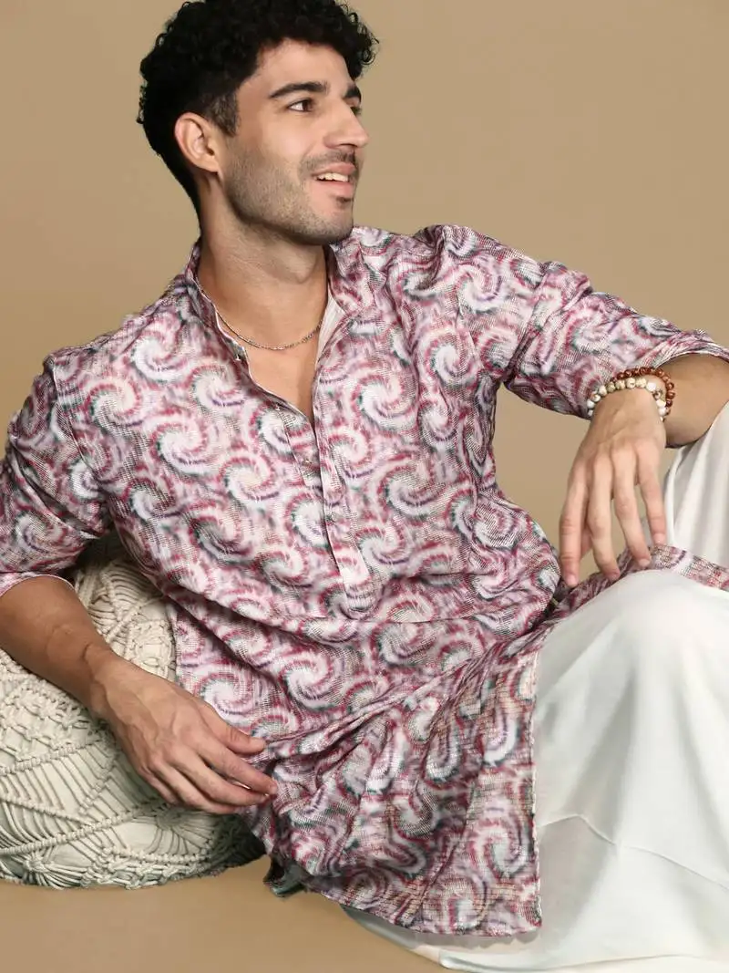 Dapper & dazzling men's printed rust golden zari touch up trendy wear cotton kurta by sanwara